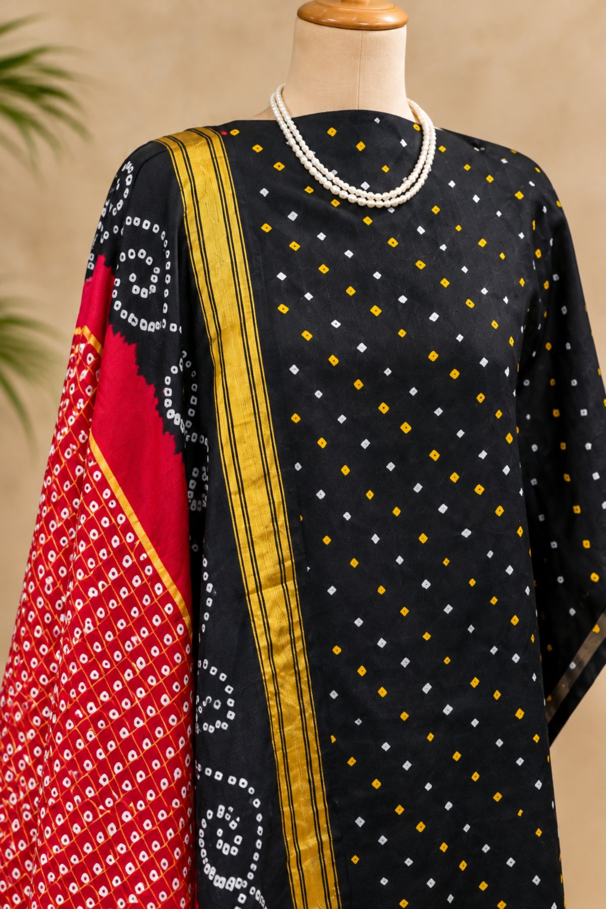 Classic Black & Crimson Red Handcrafted Bandhani Pure Silk Unstitched Suit Set with Golden Zari Dupatta