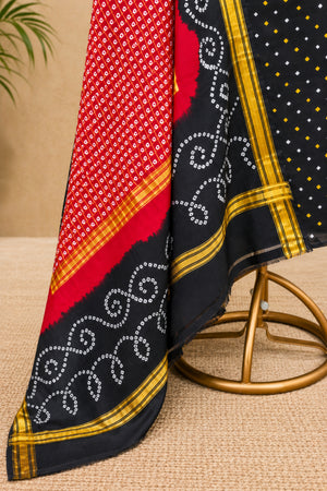 Classic Black & Crimson Red Handcrafted Bandhani Pure Silk Unstitched Suit Set with Golden Zari Dupatta