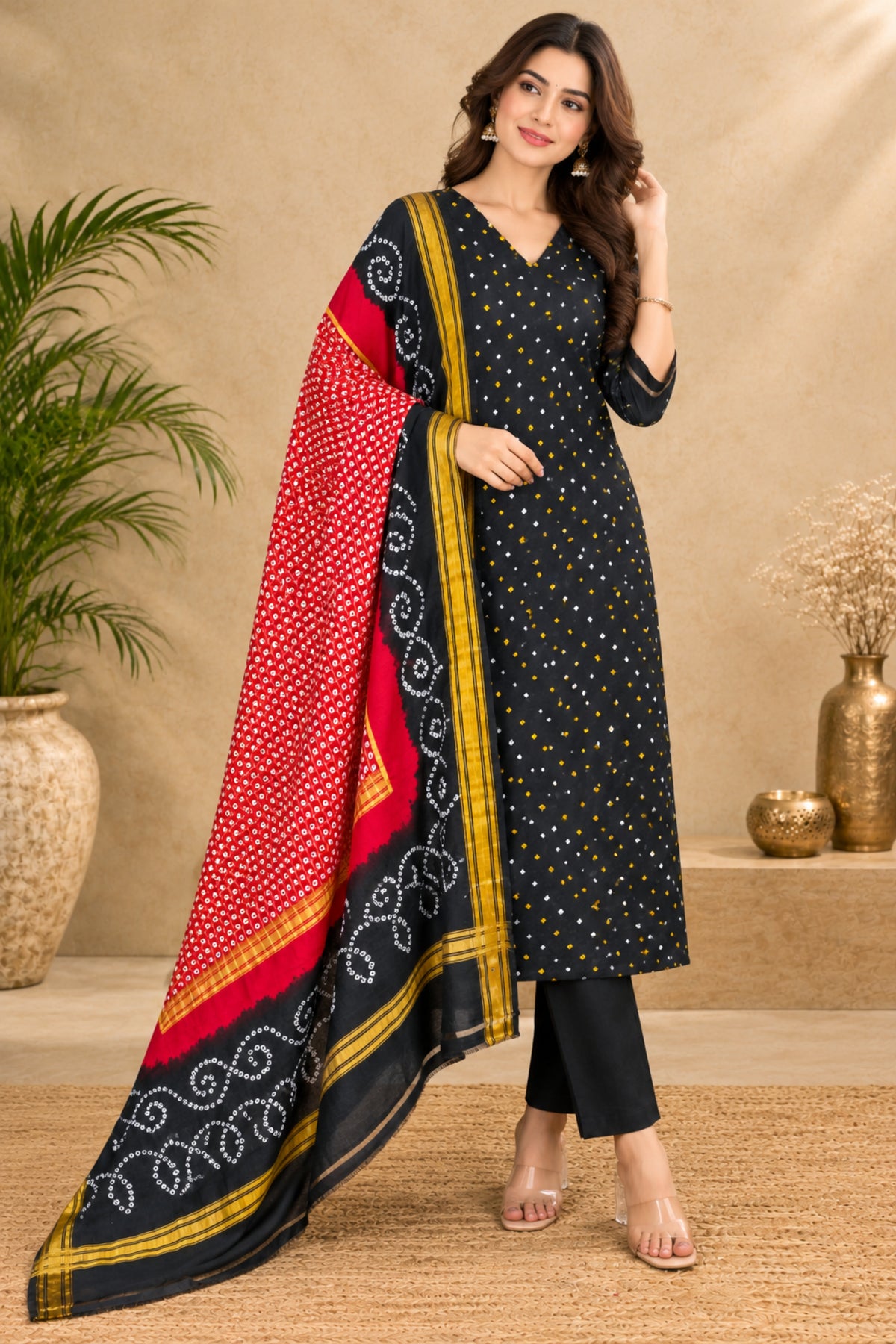 Classic Black & Crimson Red Handcrafted Bandhani Pure Silk Unstitched Suit Set with Golden Zari Dupatta