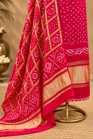 Rani Pink Handcrafted Bandhani & Gharchola Zari Pure Modal Silk Unstitched Suit Set