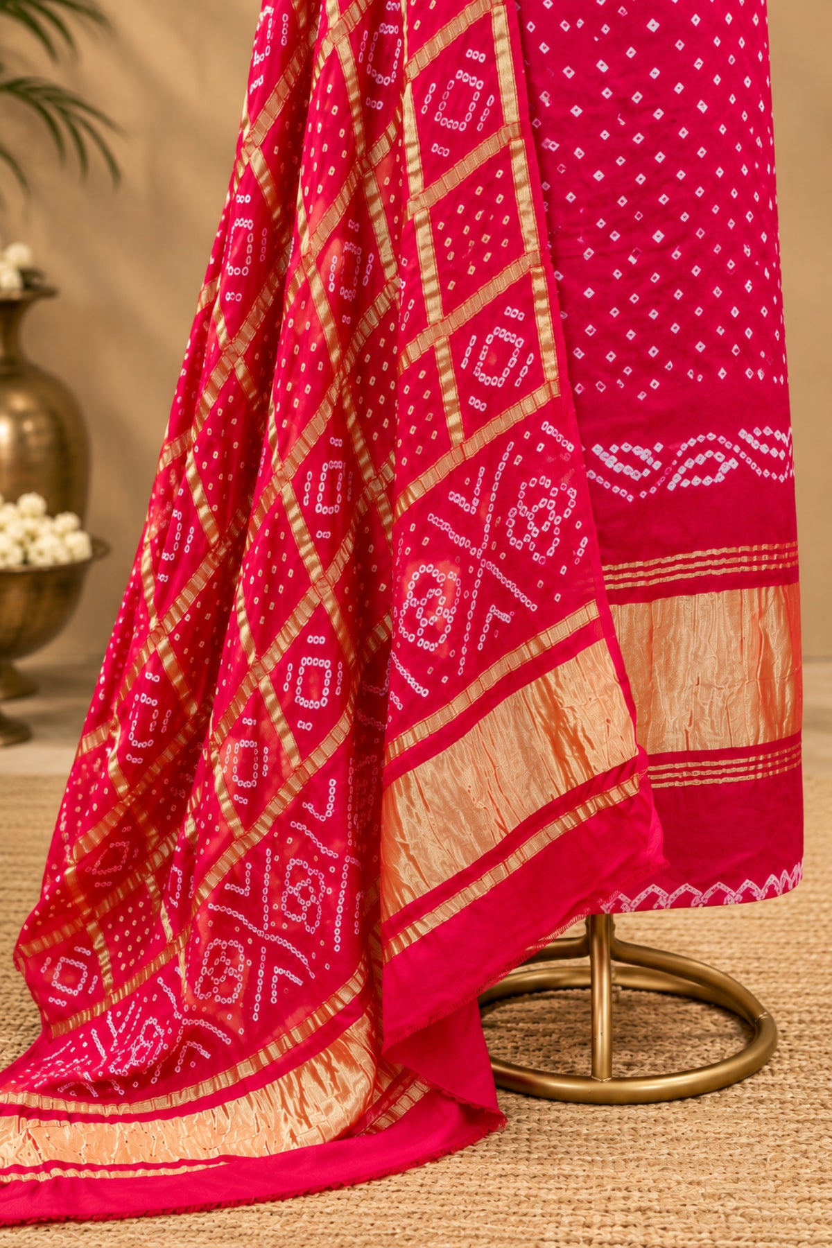 Rani Pink Handcrafted Bandhani & Gharchola Zari Pure Modal Silk Unstitched Suit Set