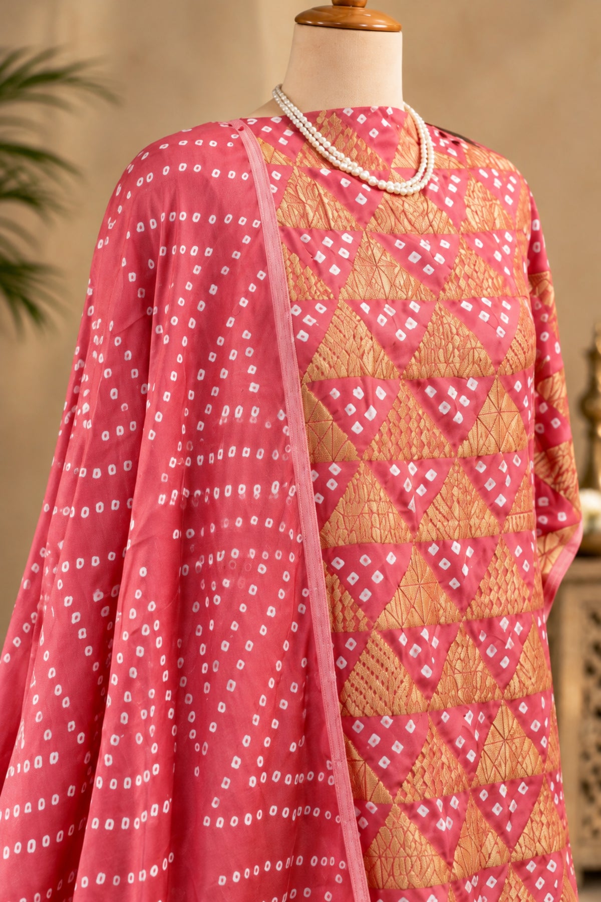 Rose Pink Handcrafted Bandhani & Meenakari Zari Weave Pure Modal Silk Unstitched Suit Set