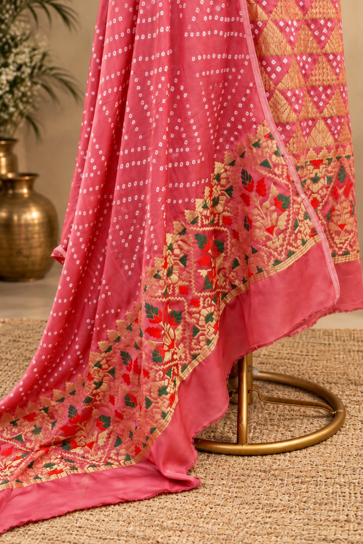 Rose Pink Handcrafted Bandhani & Meenakari Zari Weave Pure Modal Silk Unstitched Suit Set