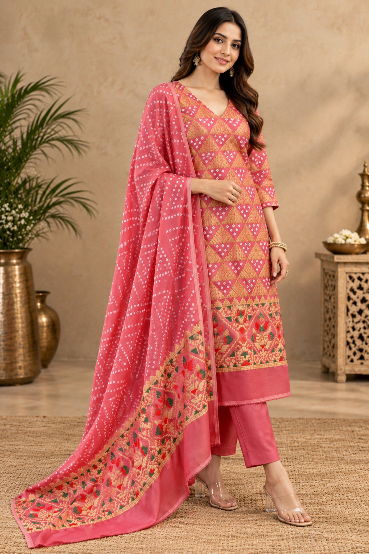 Rose Pink Handcrafted Bandhani & Meenakari Zari Weave Pure Modal Silk Unstitched Suit Set