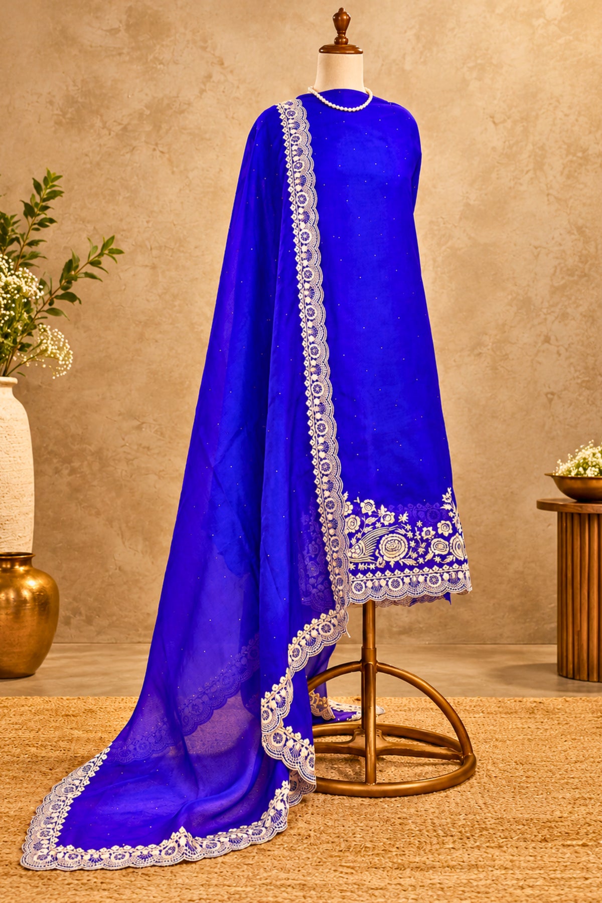 Royal Blue Premium Organza Unstitched Suit Set with Crepe Bottom & Resham Threadwork
