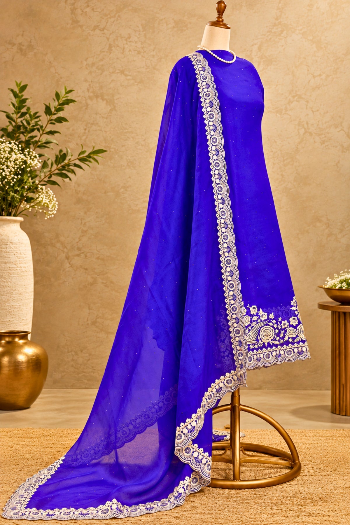 Royal Blue Premium Organza Unstitched Suit Set with Crepe Bottom & Resham Threadwork