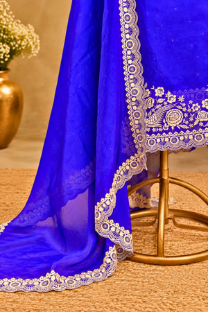 Royal Blue Premium Organza Unstitched Suit Set with Crepe Bottom & Resham Threadwork