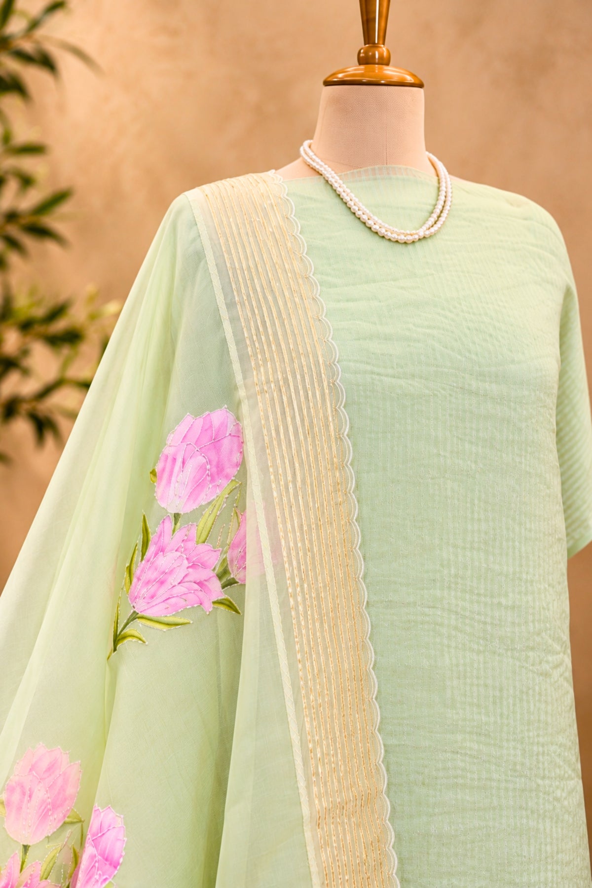 Ethereal Sea Green Stripe Organza Unstitched Suit Set with Crepe Bottom & Pink Floral Appliqué