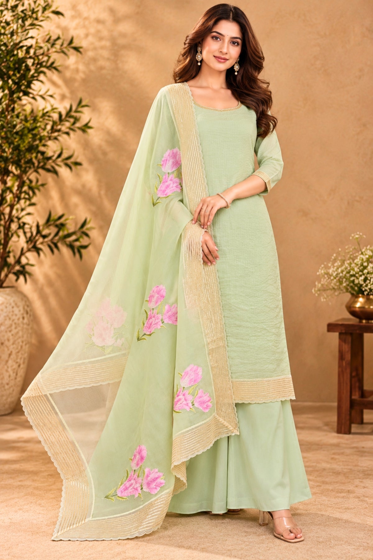 Ethereal Sea Green Stripe Organza Unstitched Suit Set with Crepe Bottom & Pink Floral Appliqué