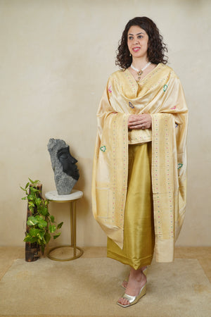 Pista Green Pure Silk Unstitched Suit Set with Gold Banarasi Dupatta