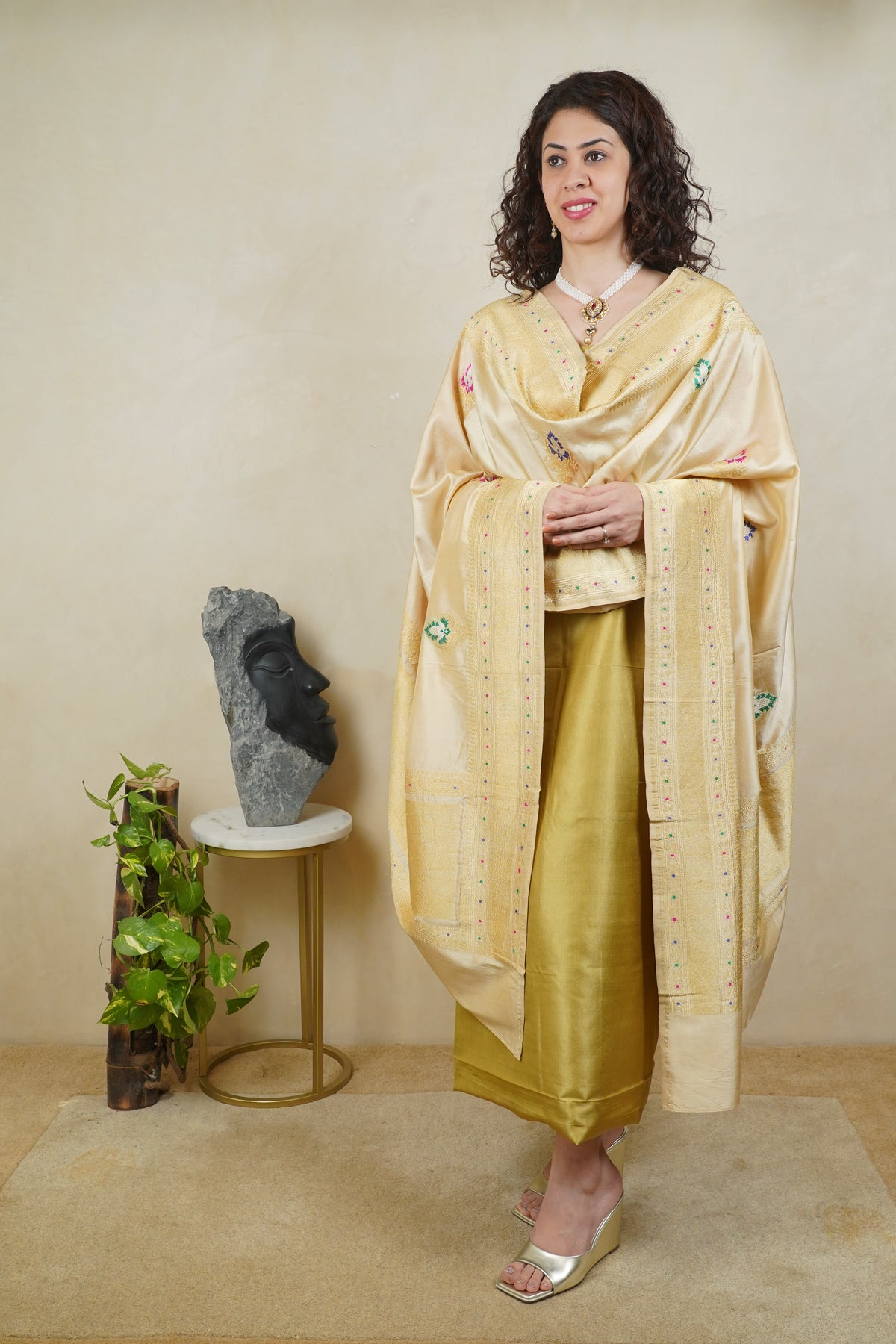 Pista Green Pure Silk Unstitched Suit Set with Gold Banarasi Dupatta