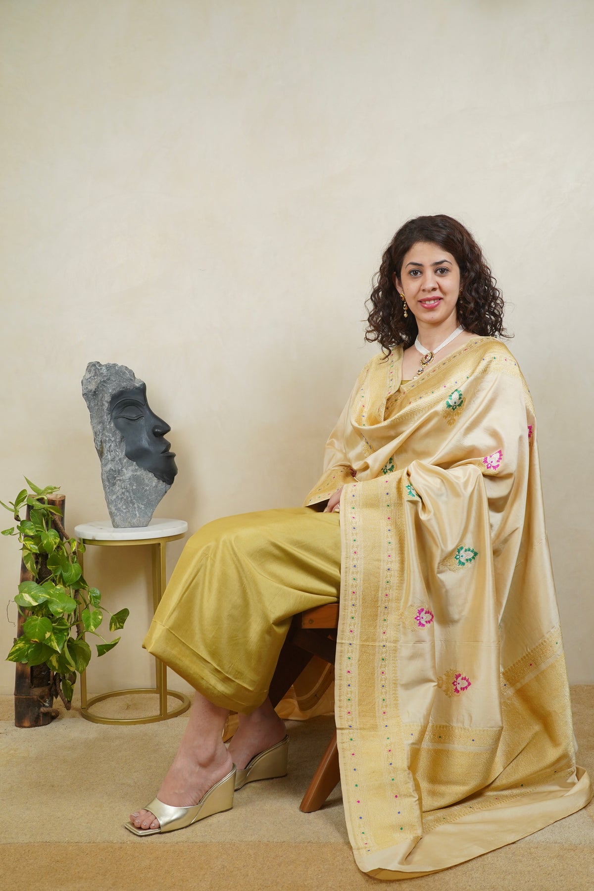 Pista Green Pure Silk Unstitched Suit Set with Gold Banarasi Dupatta