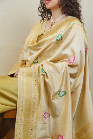 Pista Green Pure Silk Unstitched Suit Set with Gold Banarasi Dupatta