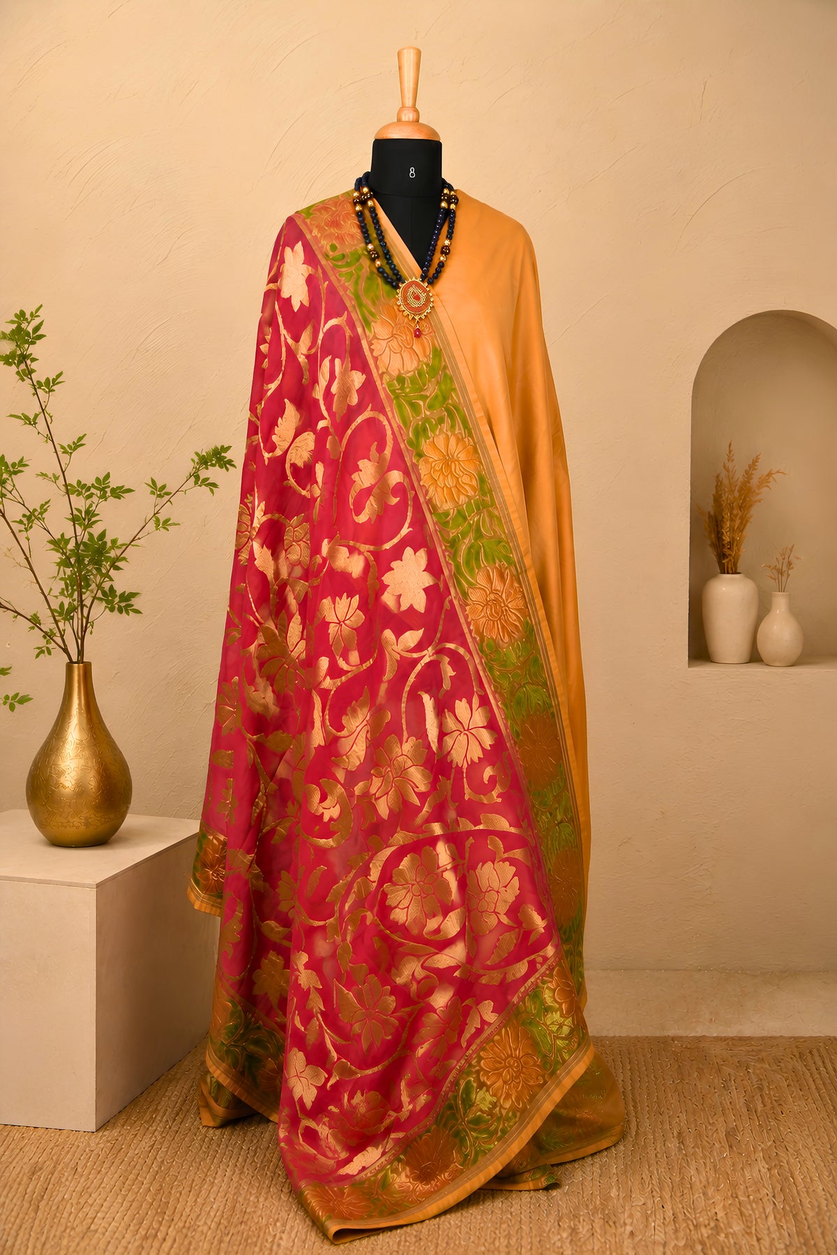Beige Crepe Unstitched Suit Set with Pink Banarasi Georgette Jal Weave Dupatta