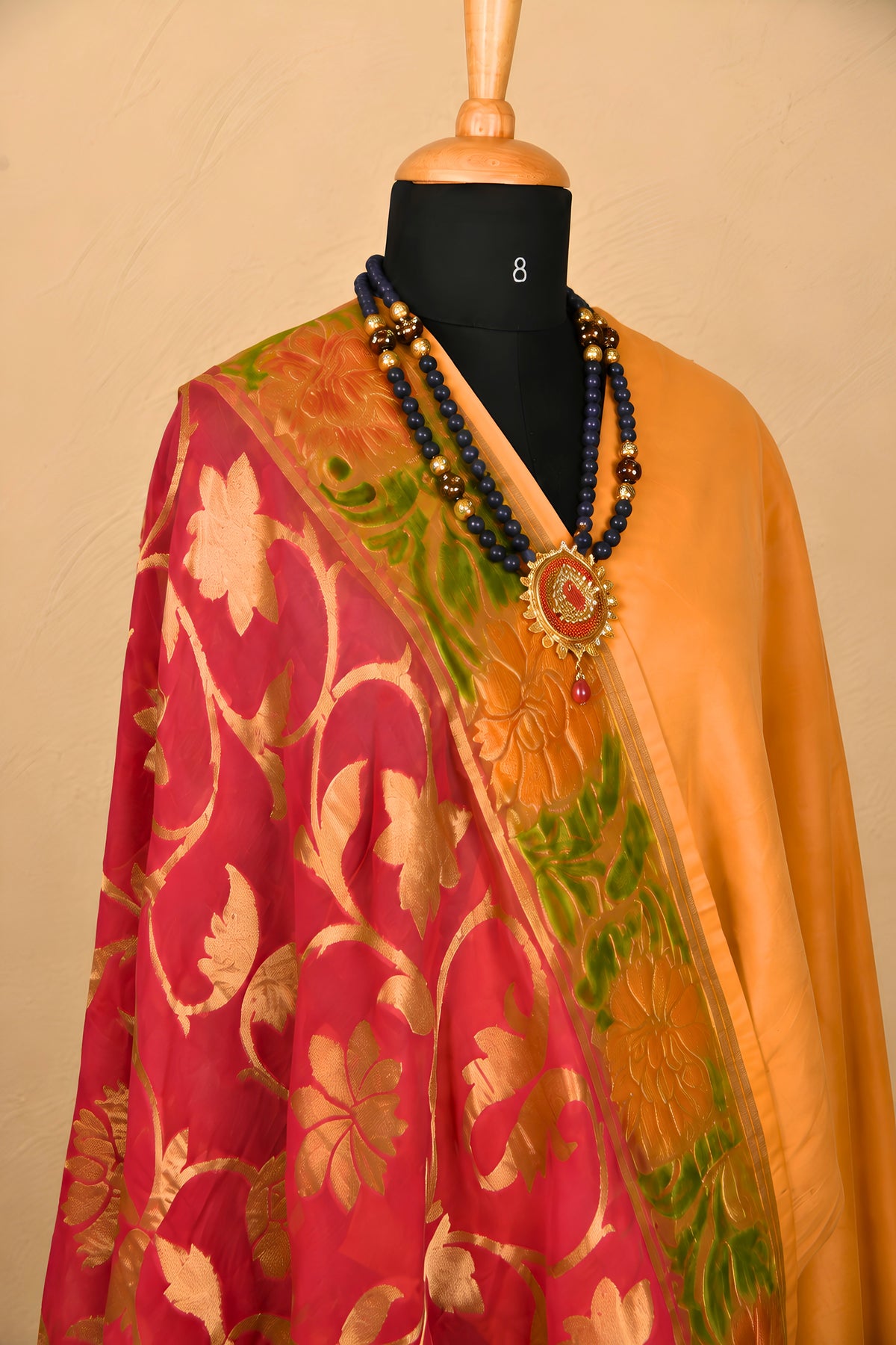 Beige Crepe Unstitched Suit Set with Pink Banarasi Georgette Jal Weave Dupatta