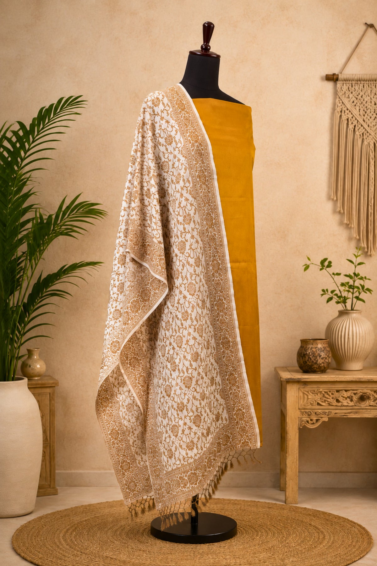 Golden Mustard Silk Unstitched Suit Set with Antique Weave Moonga Silk Stole Dupatta