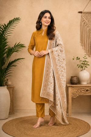 Golden Mustard Silk Unstitched Suit Set with Antique Weave Moonga Silk Stole Dupatta