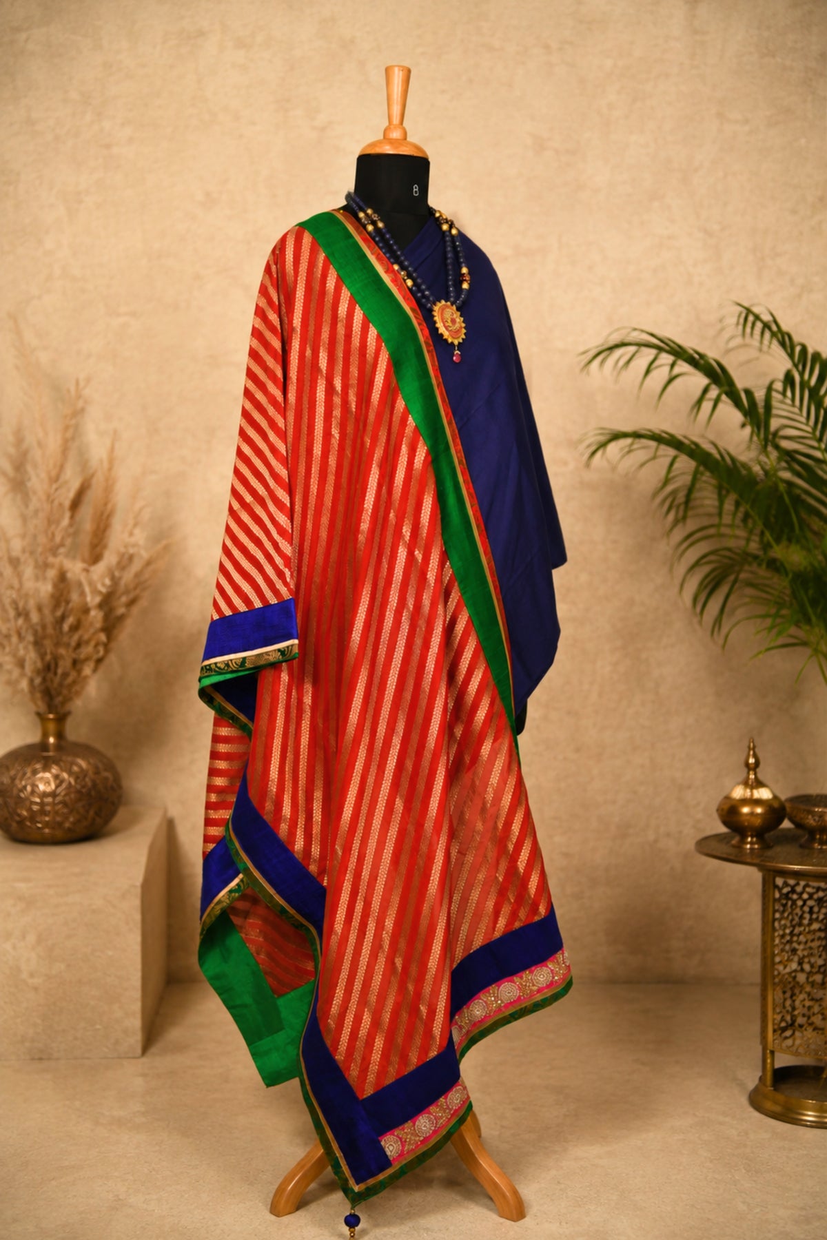 Navy Blue Taby Silk Unstitched Suit Set with Red Leheriya Banarasi Dupatta