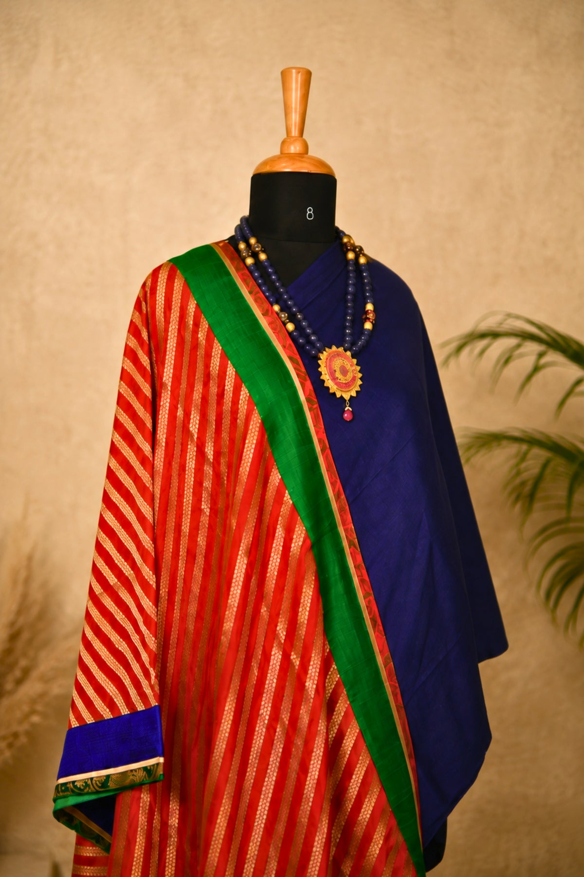 Navy Blue Taby Silk Unstitched Suit Set with Red Leheriya Banarasi Dupatta