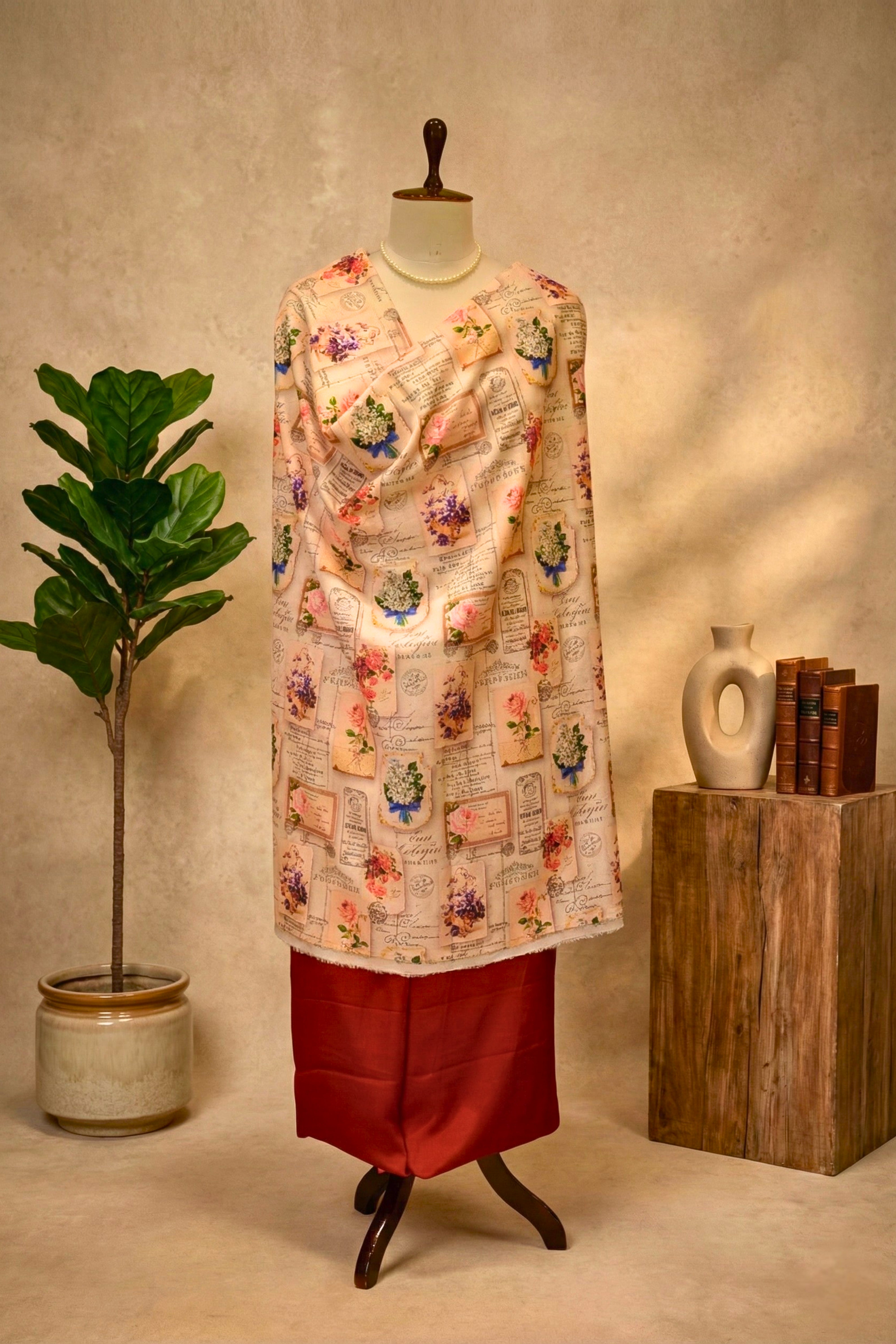 Vintage Floral & Burgundy Swiss Cotton Unstitched Material