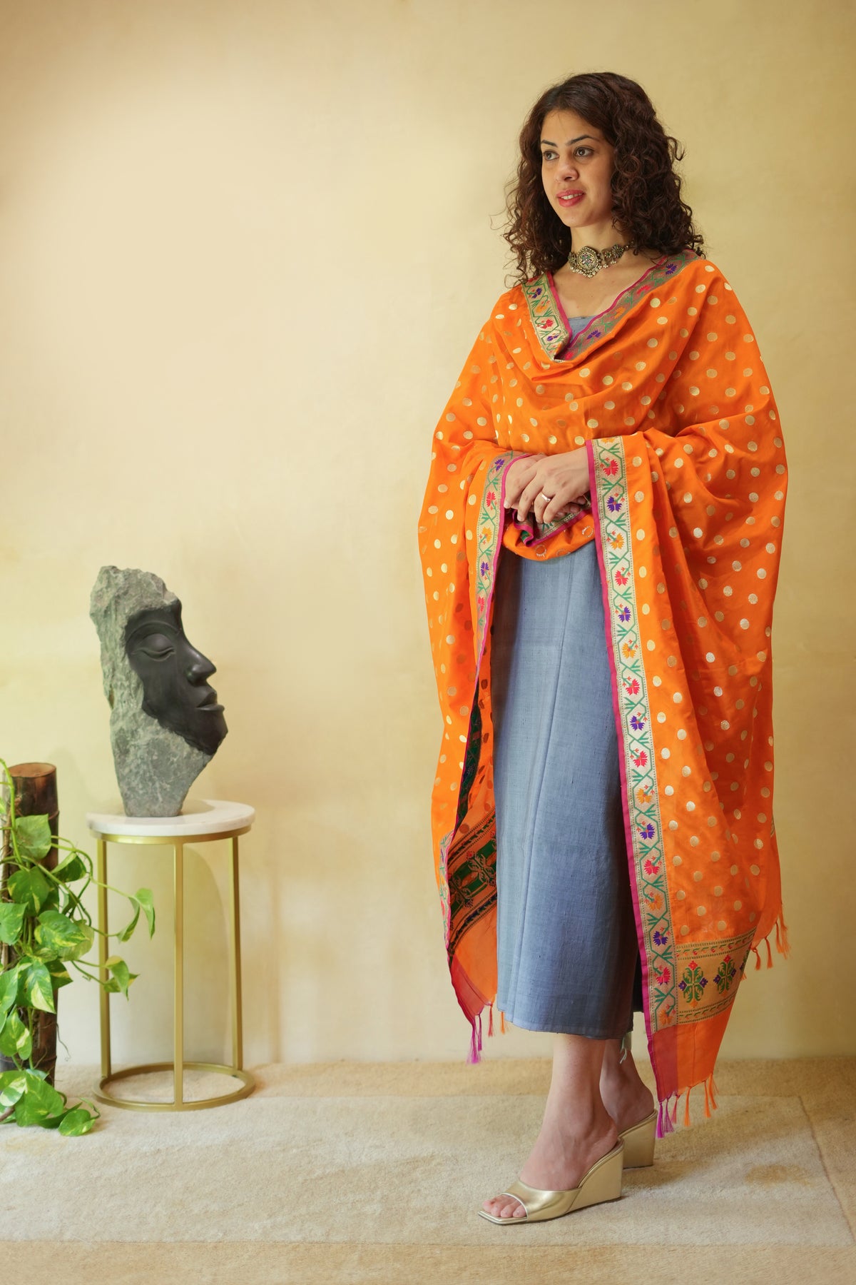 Grey Unstitched Silk Suit Set with Vibrant Orange Paithani Dupatta