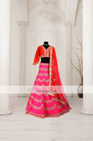 Fuscia pink and red shaded silk lehenga