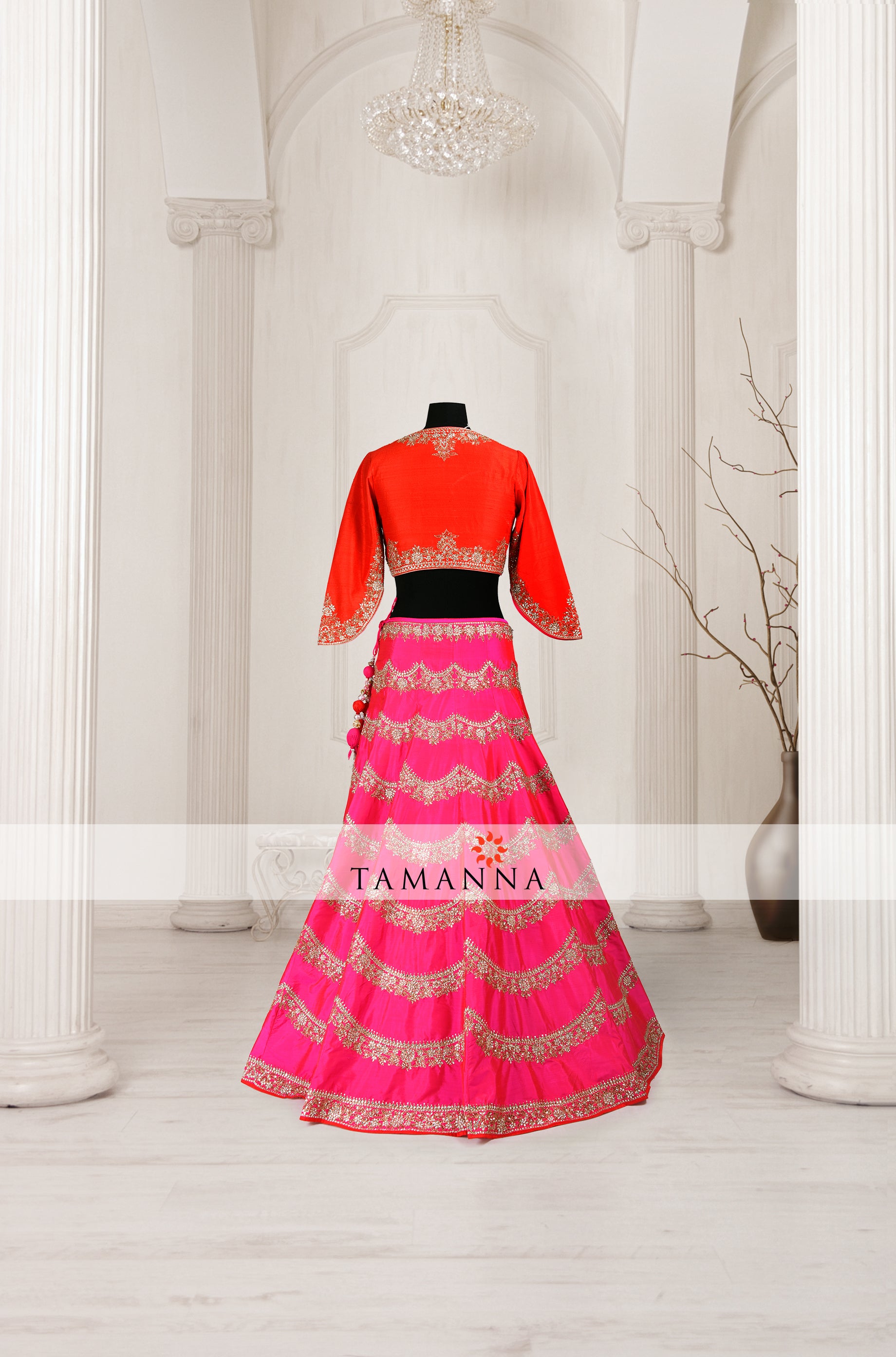 Fuscia pink and red shaded silk lehenga