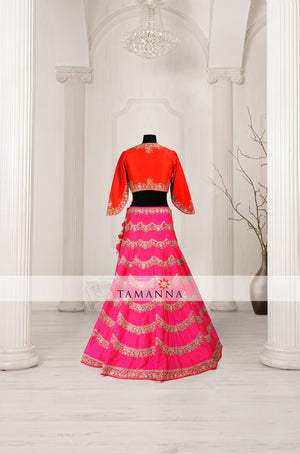 Fuscia pink and red shaded silk lehenga