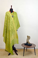 Monochrome Mehendi green Banarasi silk and Moonga dupatta set
