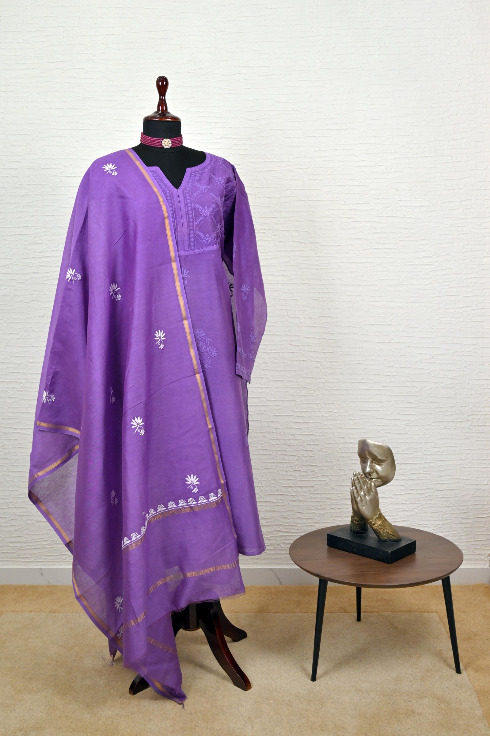 Deep purple Chikankankari Chanderi patterned suit material