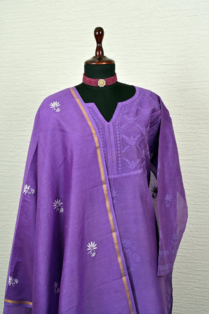Deep purple Chikankankari Chanderi patterned suit material