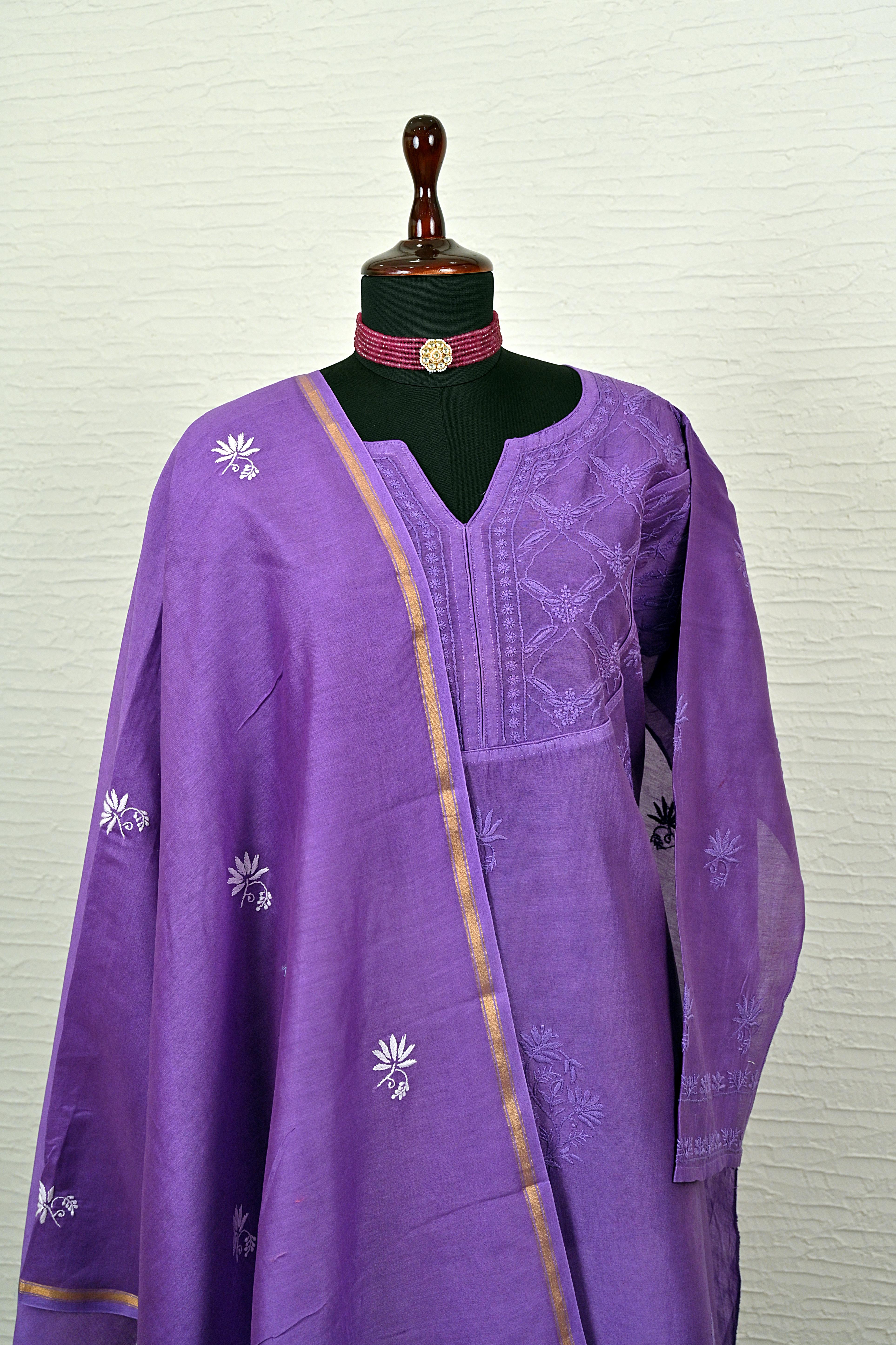 Deep purple Chikankankari Chanderi patterned suit material