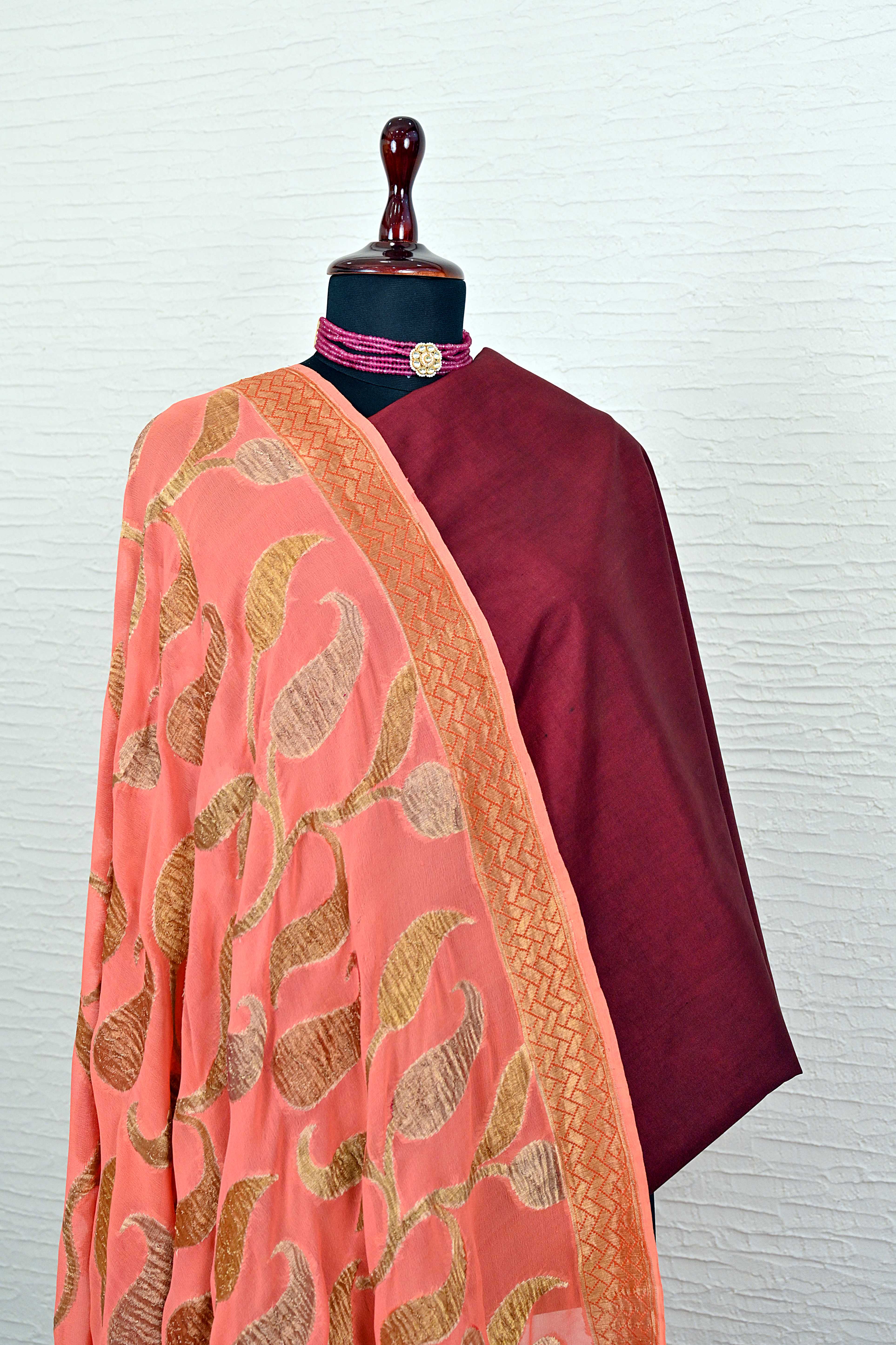 Peachish Orange Banarasi Chiffon Dupatta