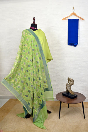 Light green and blue summer silk suit material with Banarasi chiffon dupatta