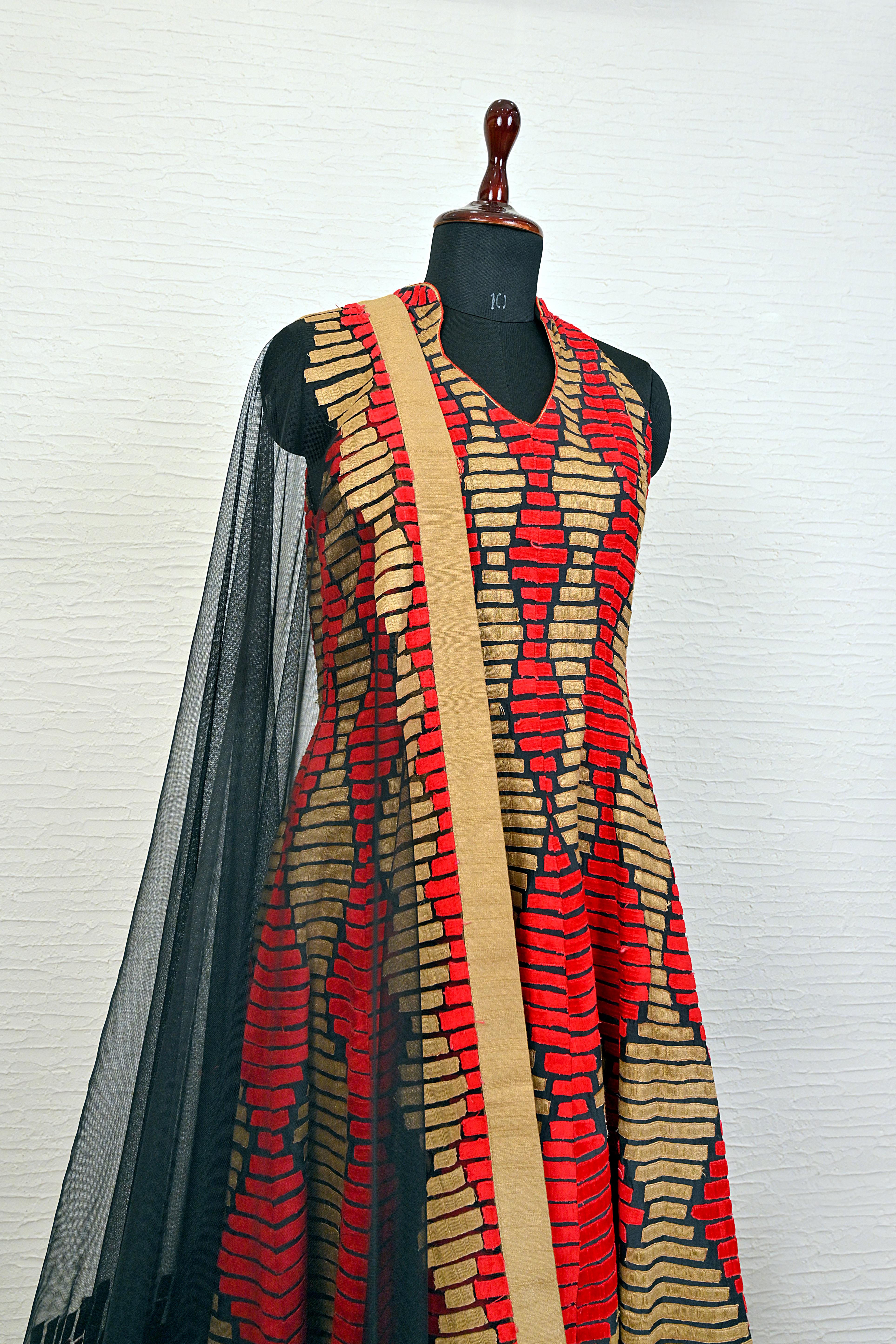 Black and red fine threadwork contemporary suit
