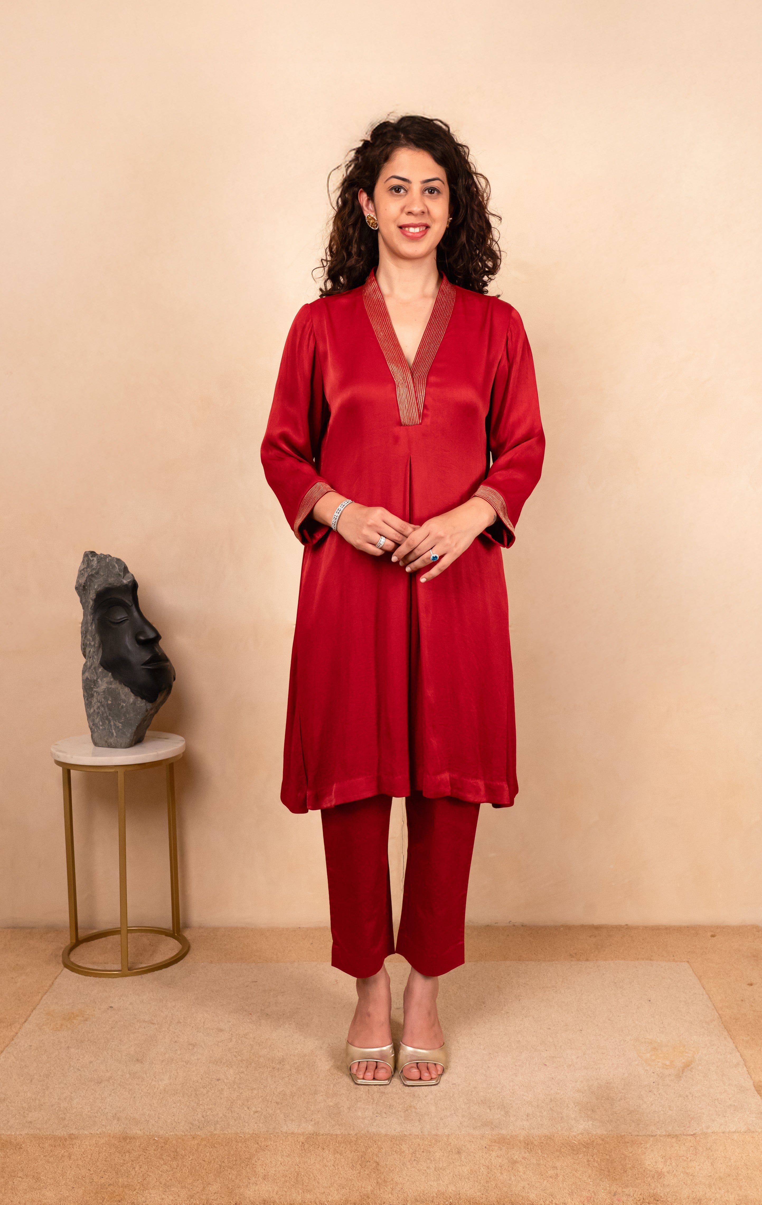Scarlet red crepe satin kurta and pant
