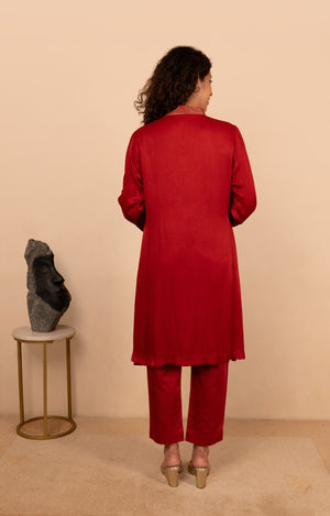 Scarlet red crepe satin kurta and pant