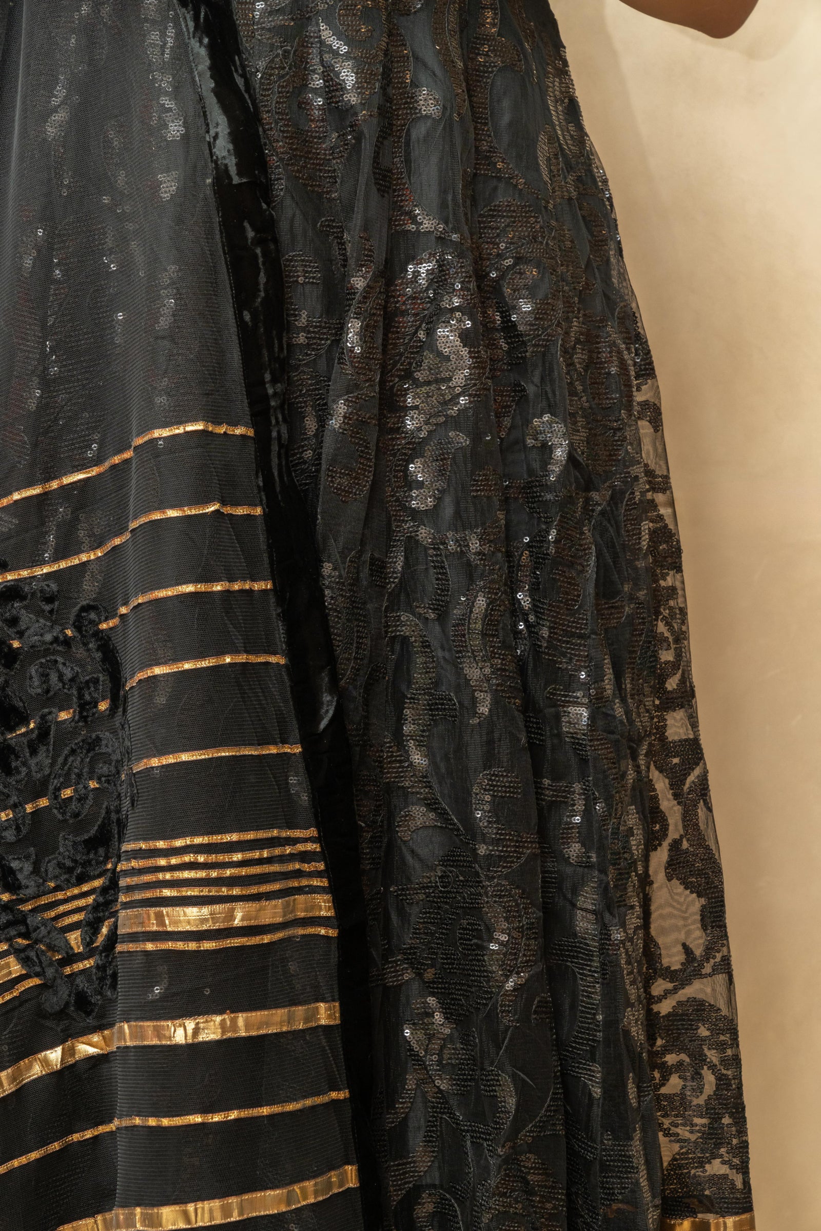 Black and gold self sequence work anarkali suit set