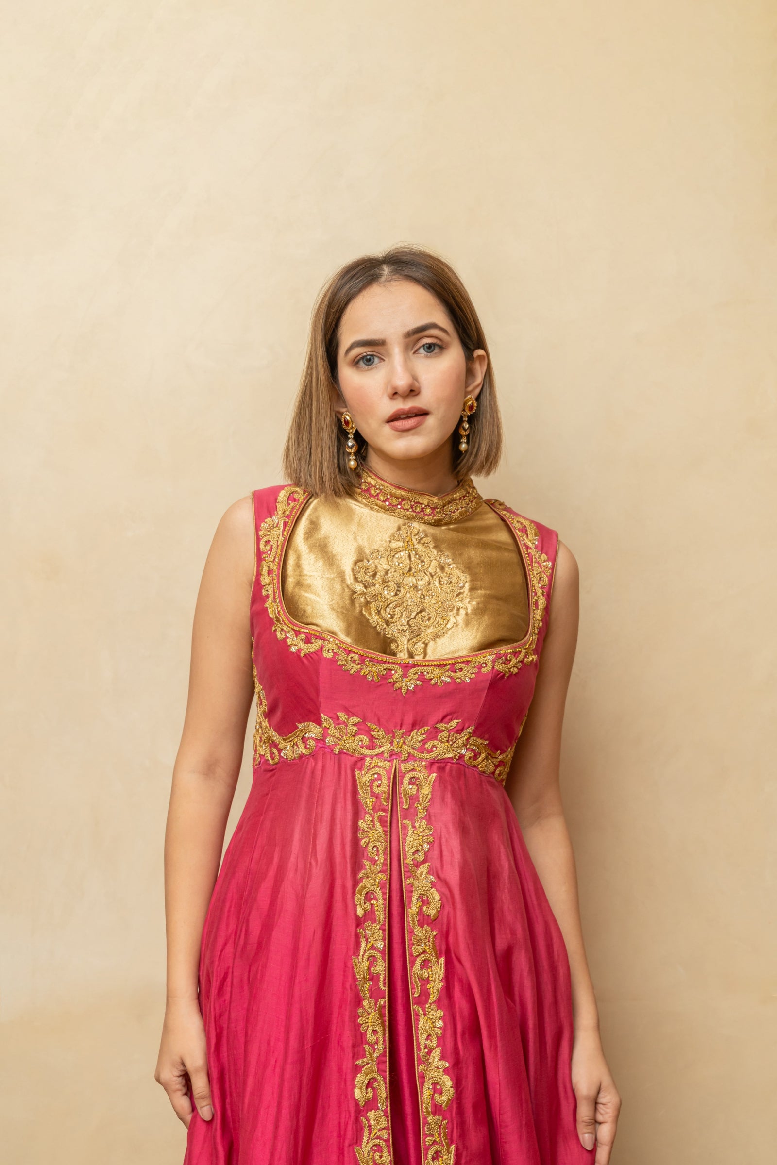 Pink and gold Chanderi silk anarkali