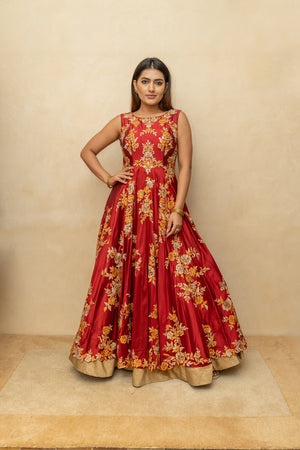 Maroon and gold silk gown anarkali