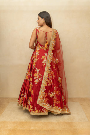 Maroon and gold silk gown anarkali