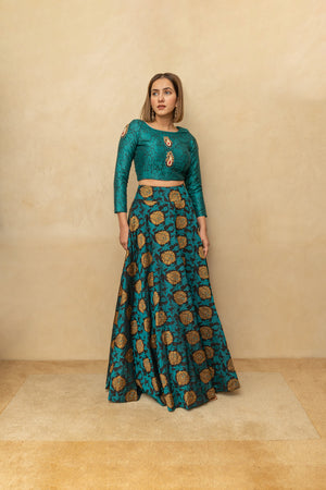 Contemporary teal blue resham silk blouse and skirt set