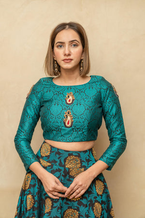 Contemporary teal blue resham silk blouse