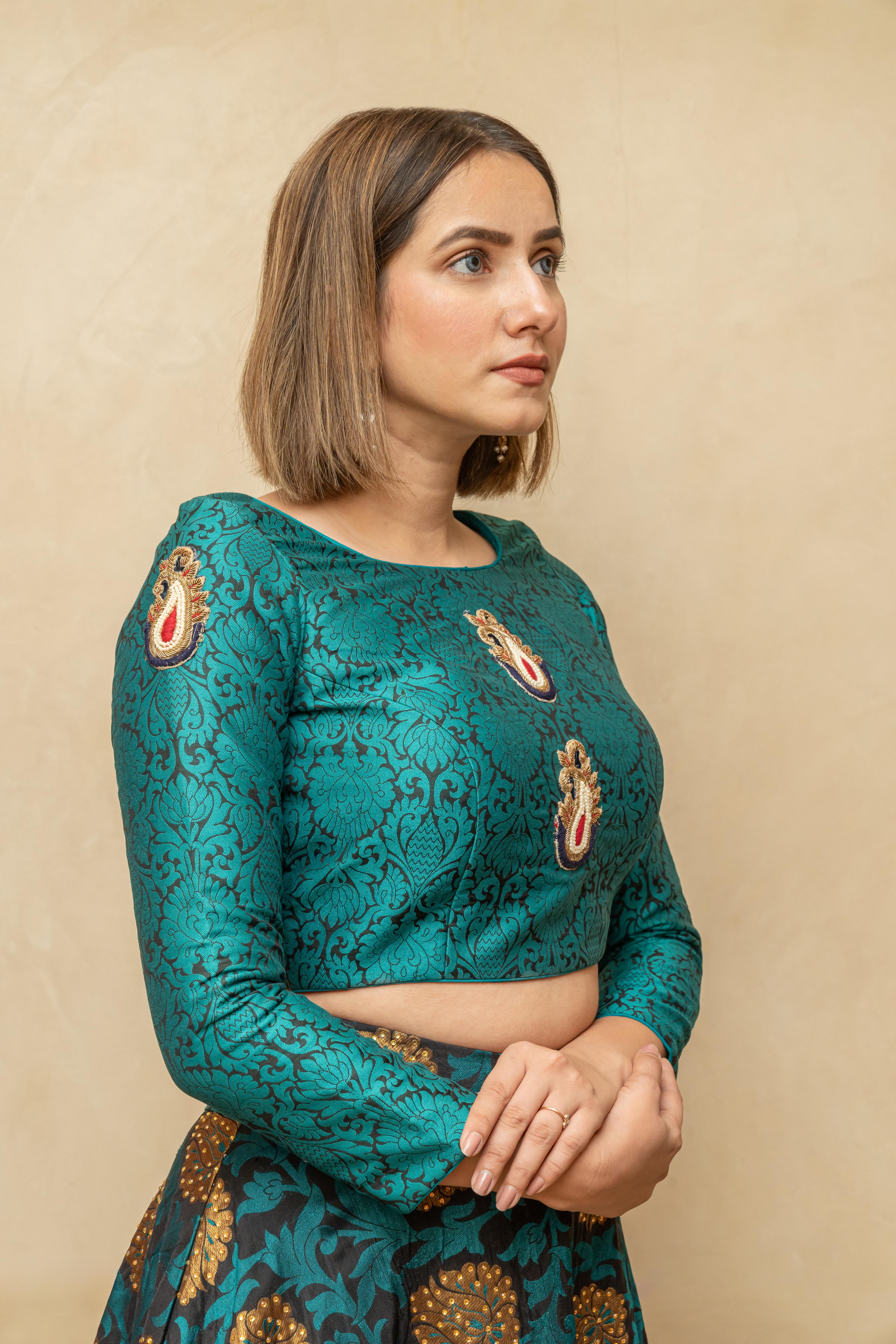 Contemporary teal blue resham silk blouse