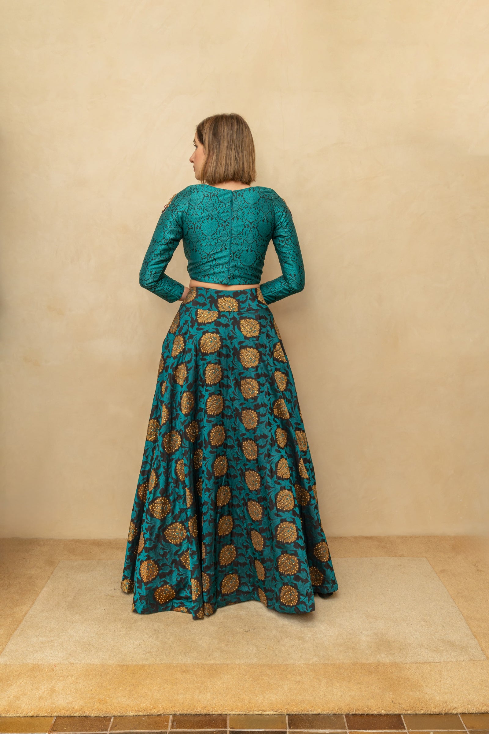 Contemporary teal blue resham silk blouse and skirt set