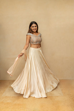 Champagne peach chunky mirror off shoulder lehenga