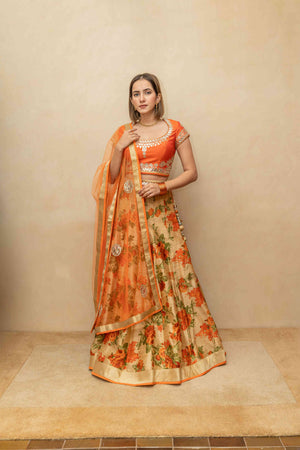 Orange floral and mirror lehenga