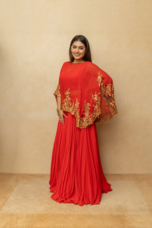 Rouge red cape style lehenga