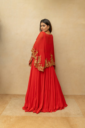 Rouge red cape style lehenga