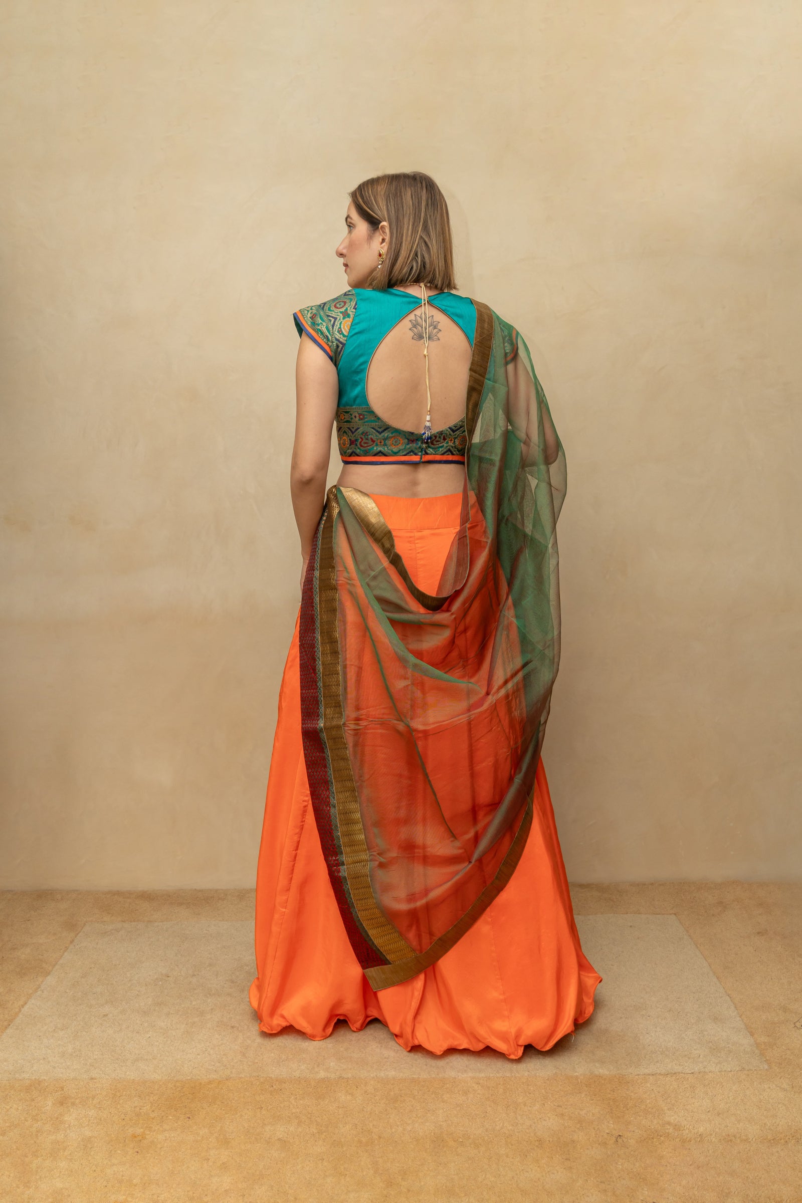 Rama and orange silk simple lehenga set